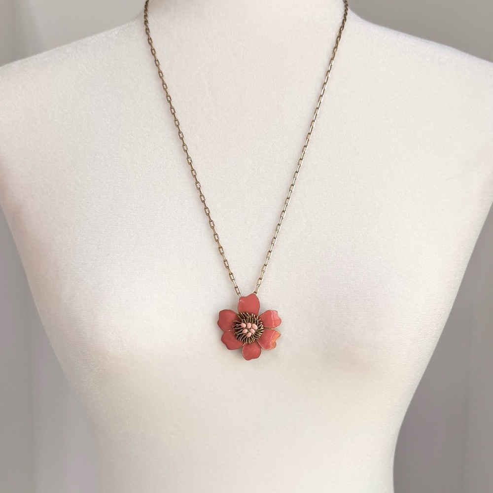 J.Crew Coral Pink Enamel Flower Pendant Necklace Gold Tone 26”